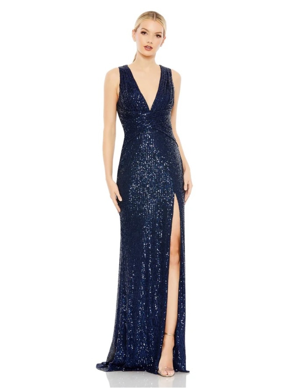 NWT Ieena for Mac Duggal Navy V-Neck Sequin Wrap Waist Gown Size 8